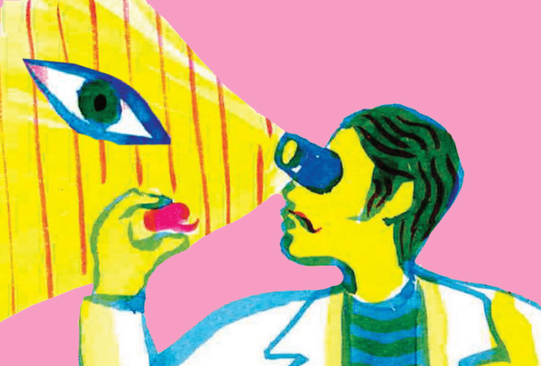 Dessin d'un homme portant du blouse blanche et une sorte de lunette télescopique. L'homme examine une bulle de bande-dessinée qu'il tient dans sa main. Semblant surgir de sa lunette, un cône de lumière se déploie sur le côté, avec un grand oeil en son centre.